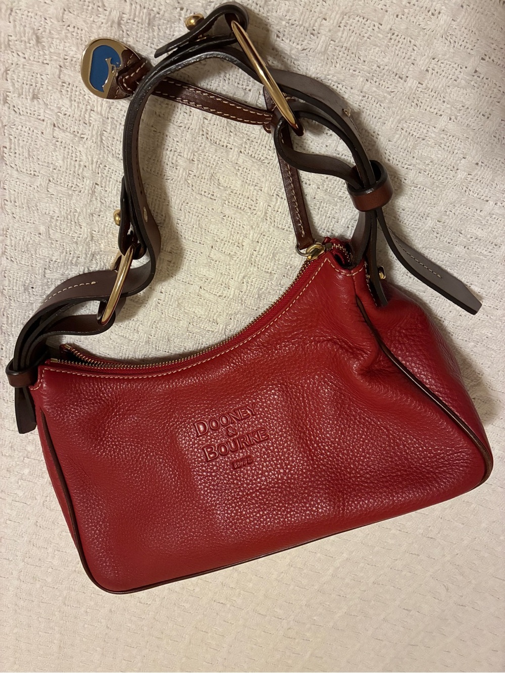 Dooney & Bourke Red Pebbled Leather Shoulder Bag with Brown Strap